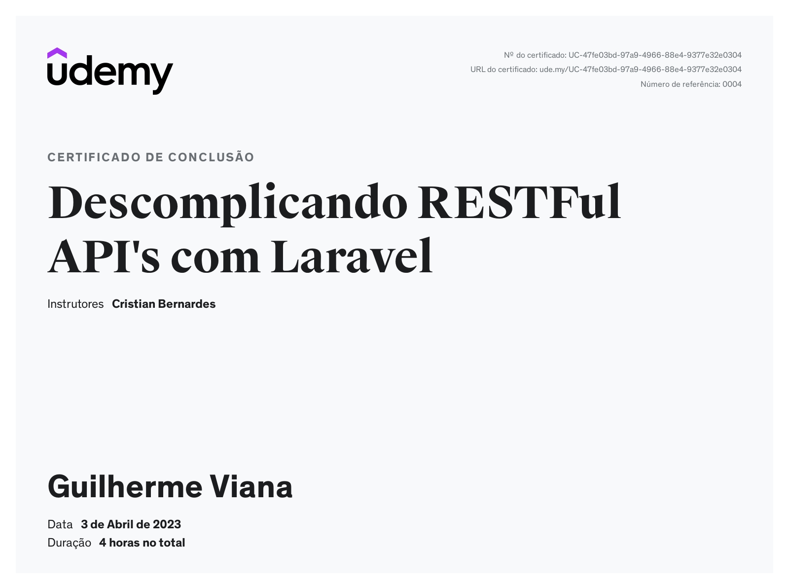 Certificado Laravel API GUILHERME VIANA